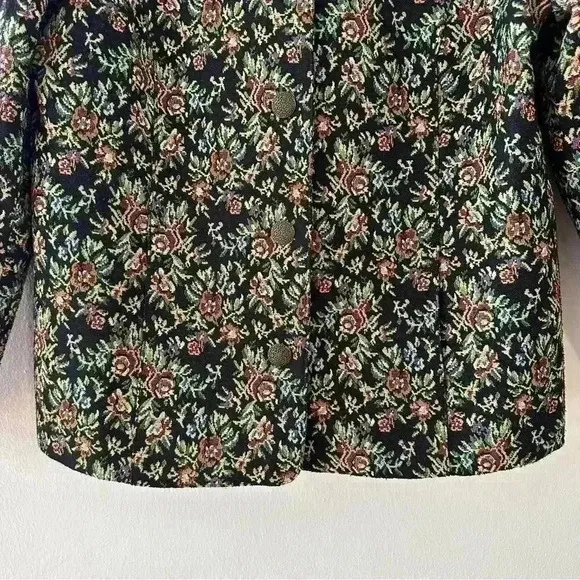 The Tog Shop Blazer Size 12 Petites Jacket Floral‎ Carpet Jacquard Metal Buttons Green - Image 3