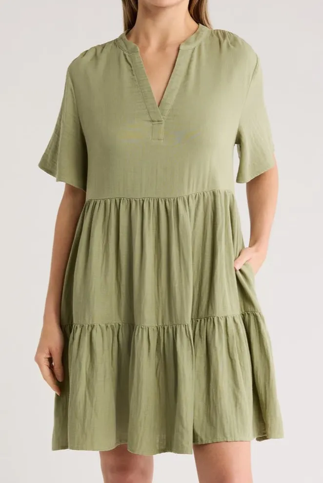 Caslon Short Sleeve Tiered Babydoll Dress Olive Acron Size Large - Image 1