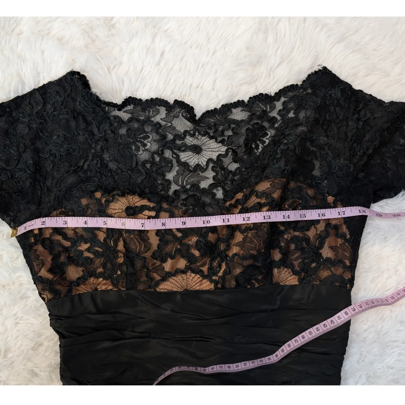 Vintage 1950s Black Lace Cocktail Dress Ruched Waist Full Skirt Mid-Century - Image 6