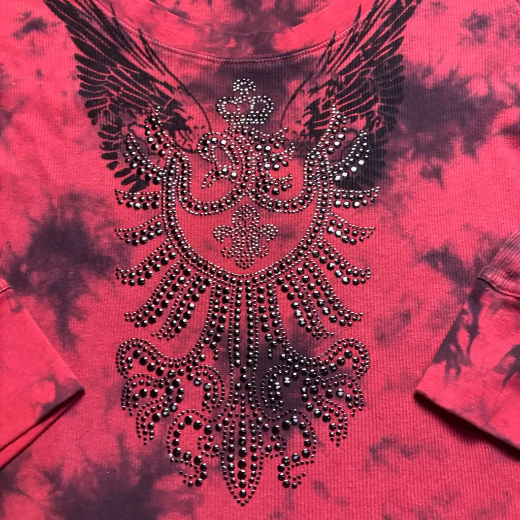 Christina V Womens Red Black Edgy Grunge Y2K Mallgoth Bedazzled Shirt Size XL - Image 2