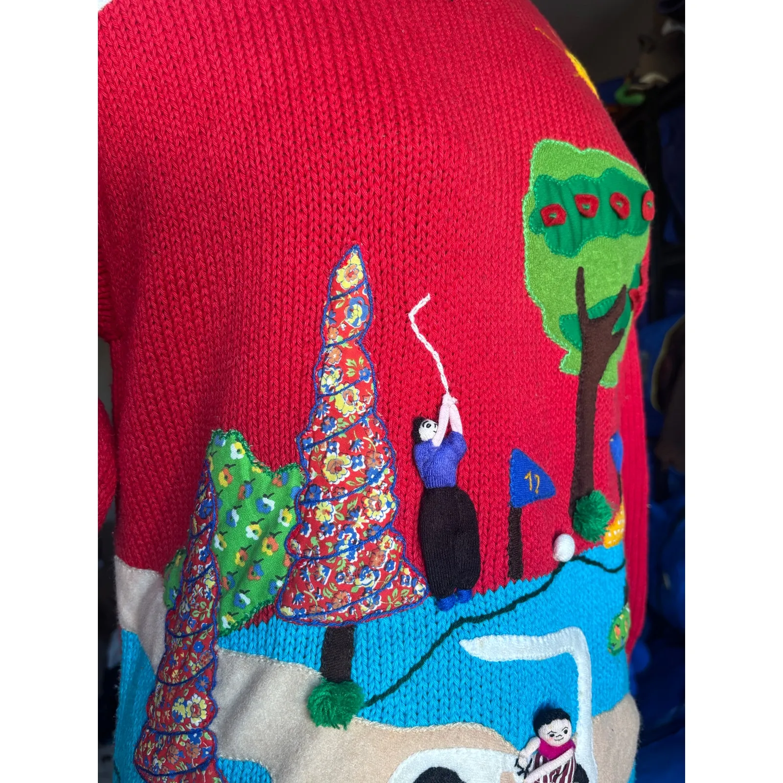 Handmade Red Cotton Golf Scene Sweater Novelty Landscape Pullover Medium Sporty - Image 6