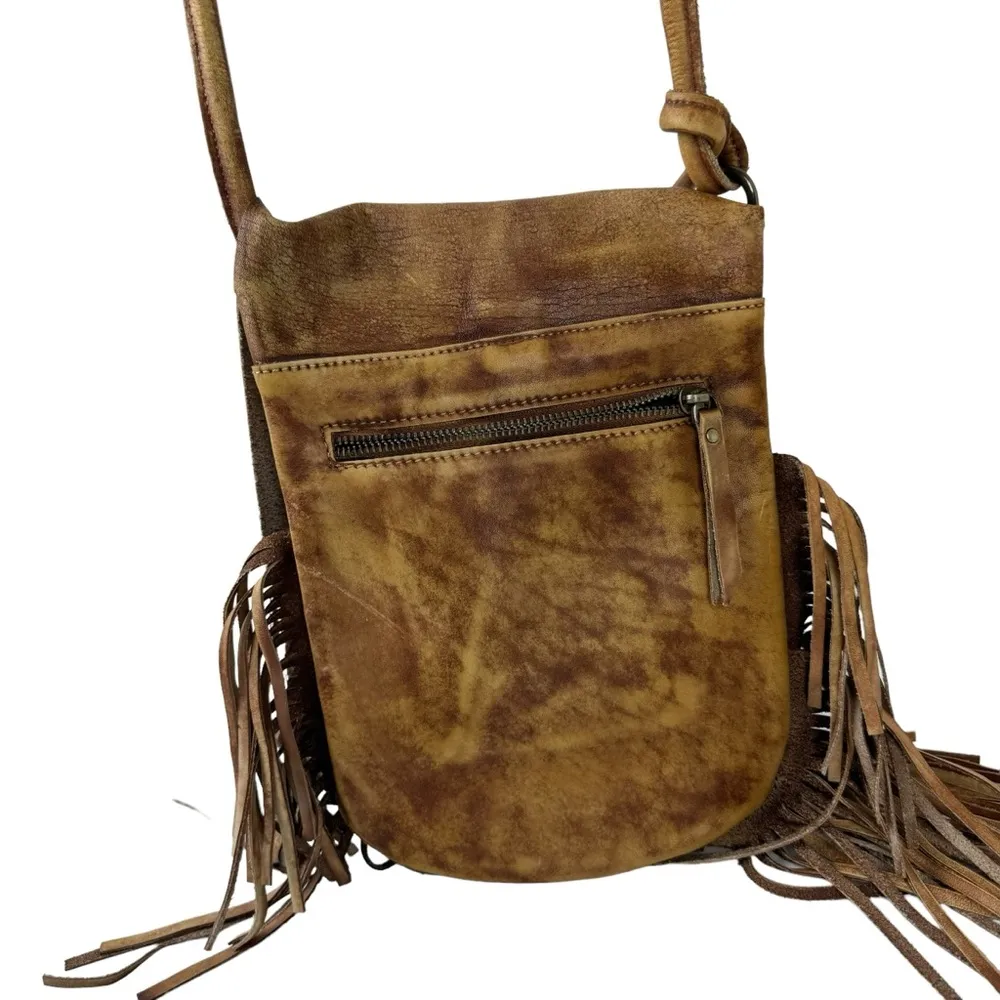 Monserat Lucca Fringe Flap Shoulder Crossbody Bag Leather Taupe Brown Bohemian - Image 6