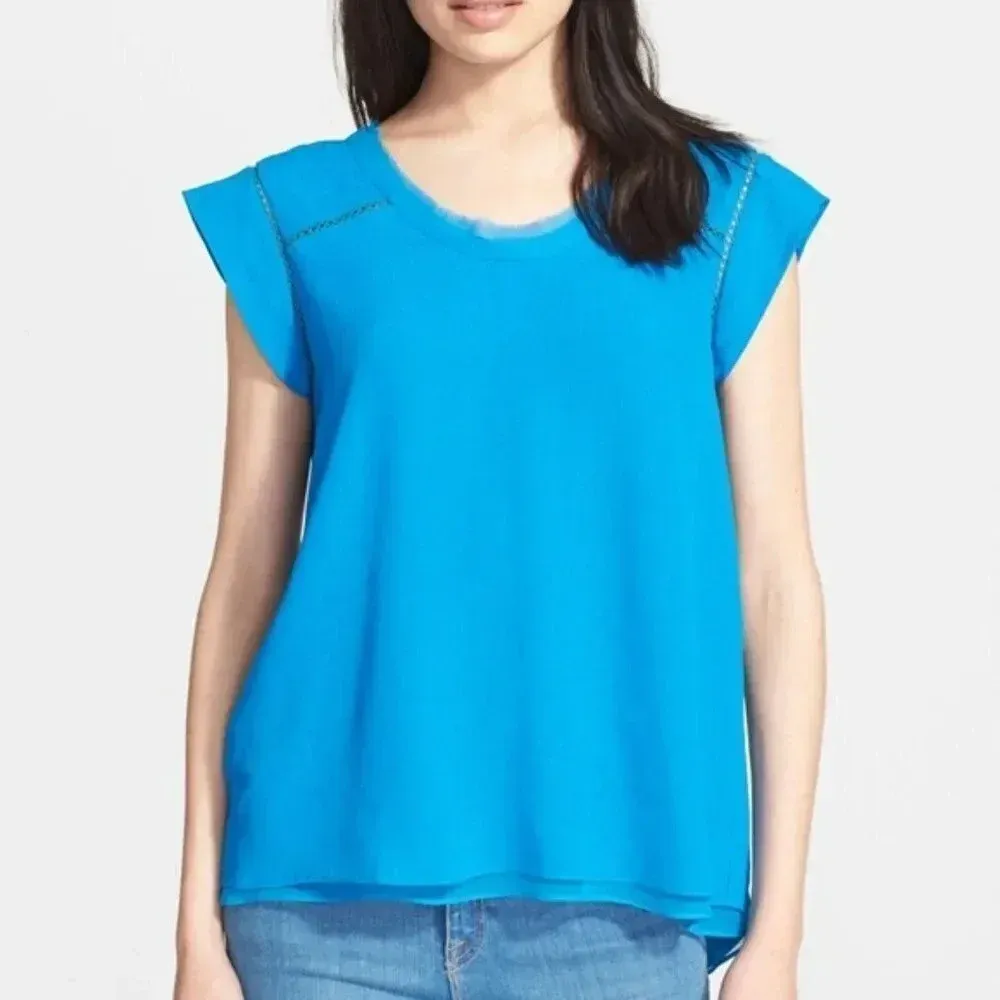 REBECCA TAYLOR Split Back Short Sleeve Crepe Top Size 2 Blue Flowy‎ - Image 2