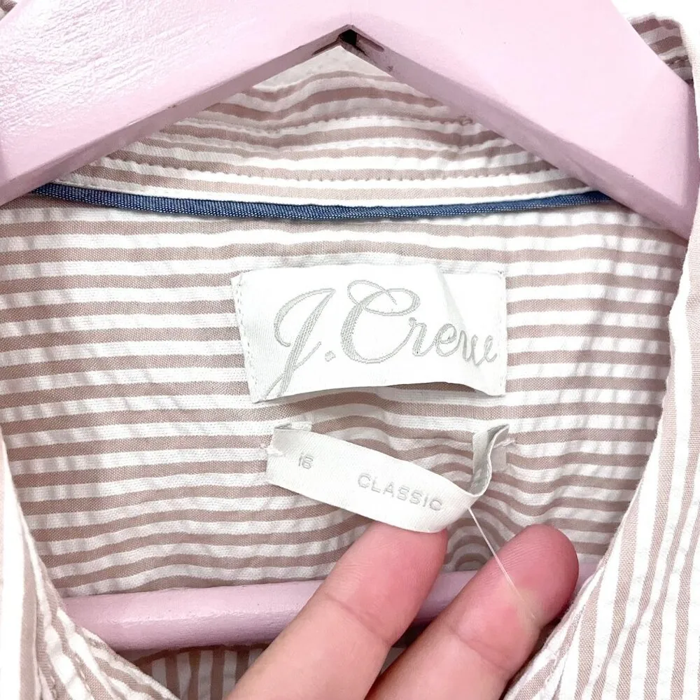 NWT J Crew Classic Fit Shirt in Seersucker Tan Taupe Long Sleeve Size 16 - Image 5