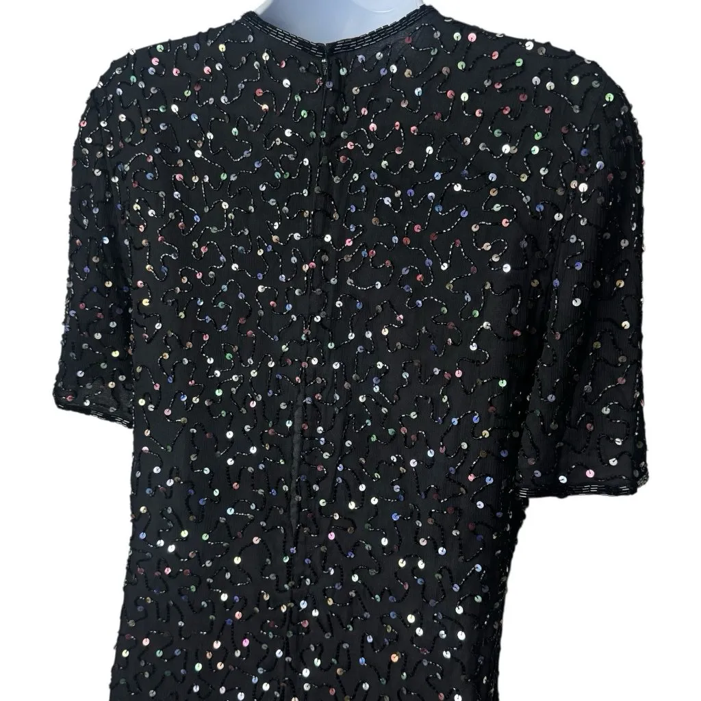 Vintage 100%‎ Silk Rainbow Sequin Beaded Midi Dress Party New Year’s Evening L Black Size L - Image 6