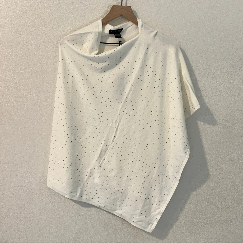 Rachel Zoe White Rhinestone Embellished‎ Poncho Soft Cozy Knit Topper One Size - Image 7