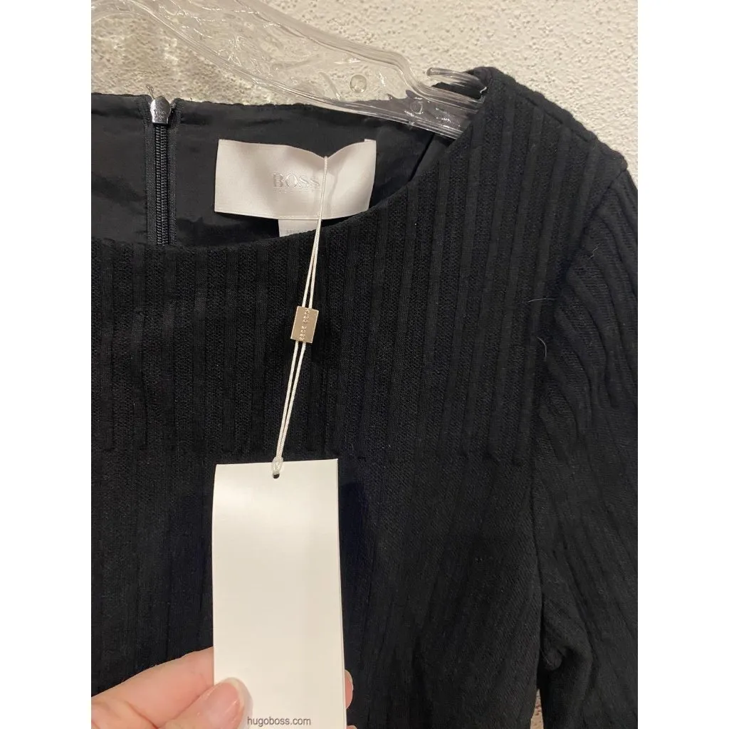 BOSS Hugo Boss Dress Womens 8 Black Hadea Ribbed Knit Short Sleeve Sheath Zip - Image 3