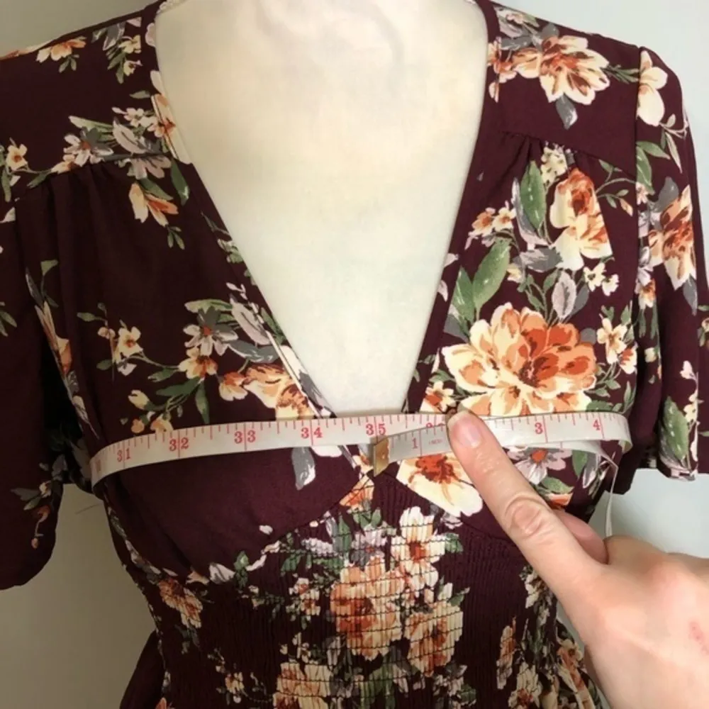 NWOT Burgundy Wine Maroon White Cream Floral Flutter Short Sleeve Mini Dress New - Image 6