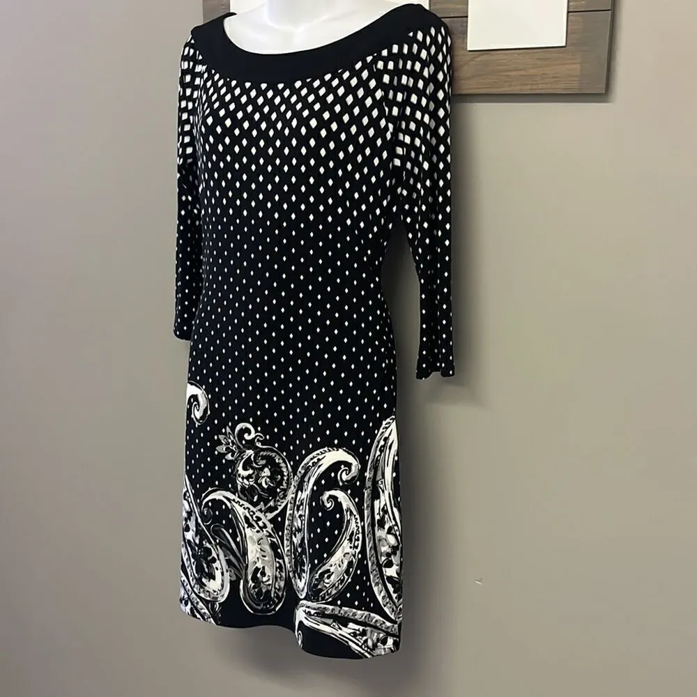 White House Black Market Black Gray and Cream Boatneck 3/4 Sleeves Dress- XS - Image 2