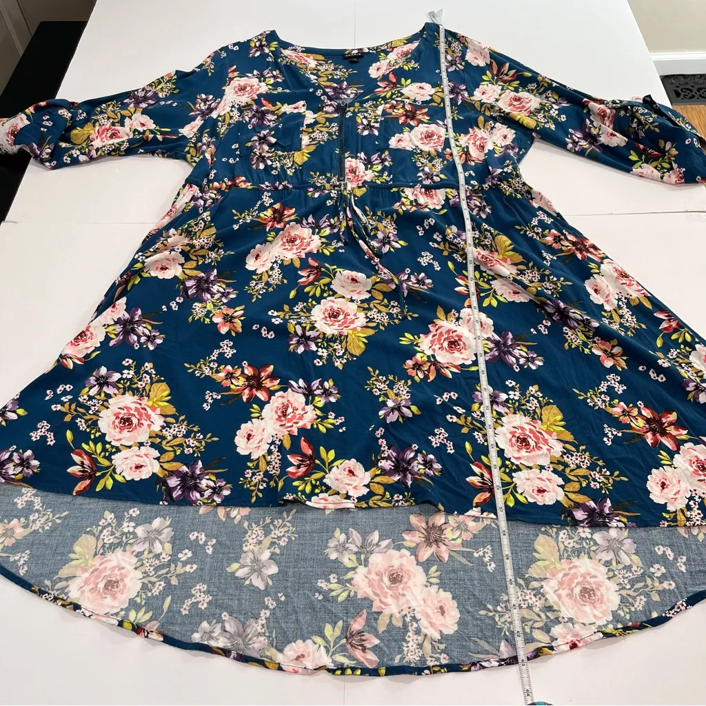 Torrid Blue Floral Zip Up 3/4 Tab Sleeve Pockets Challis Hi‎ Low Shirt Dress 3X - Image 10