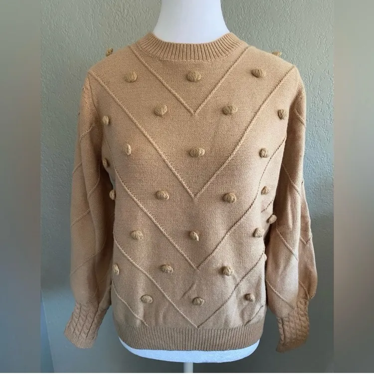 Simplee super soft textured balloon sleeve camel crewneck sweater Large - Image 6