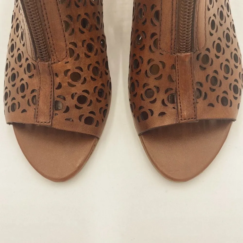 Franco Sarto Brown Laser Cut Leather Open Toe Wedge Booties Womens Size 6.5M - Image 6