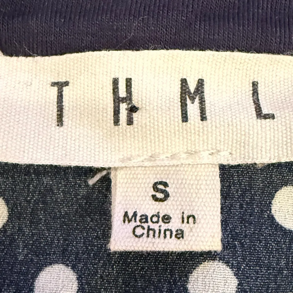 THML Navy White Polka Dot Floral Embroidered Ruffle Shoulder Blouse Size Small - Image 5