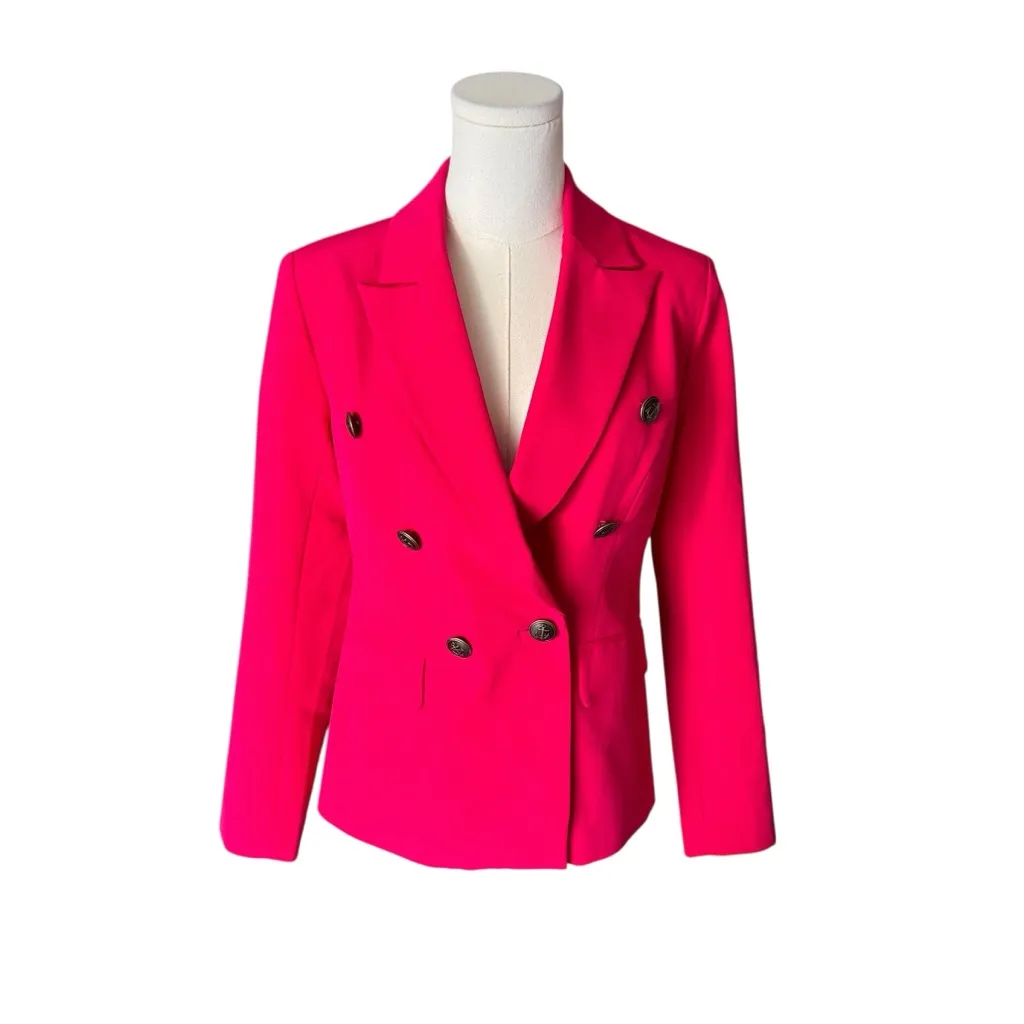 Boston Proper - NWOT Modern Double Breasted Blazer Hot Pink Gold Buttons Sz 2 - Image 4