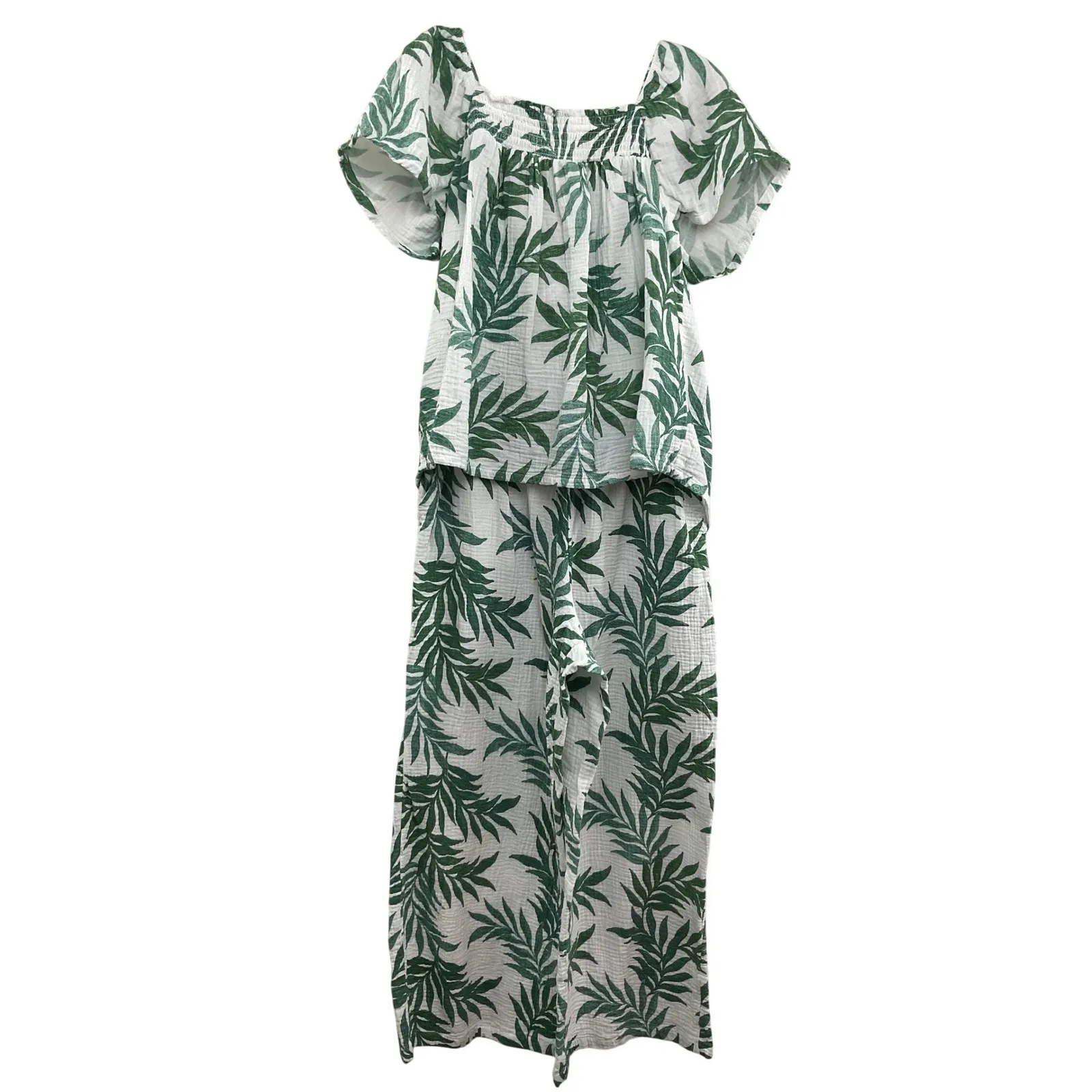 JOYSPLN Women's Tropical Leaf Print Off Shoulder Top Wide Leg Pants Set S White Size undefined - Image 6