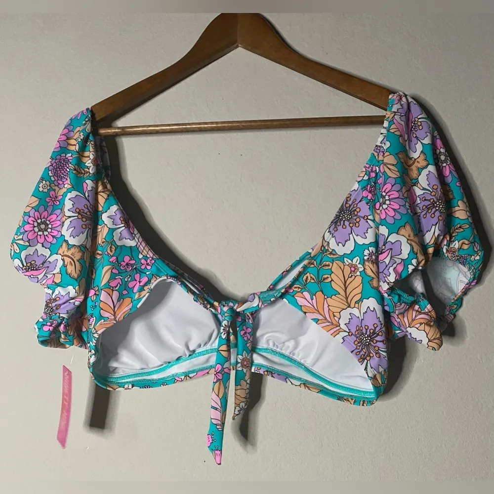 New Junior’s XXL Teal Floral Colorful Bright Puff Sleeve V neck Swim top Size undefined - Image 6