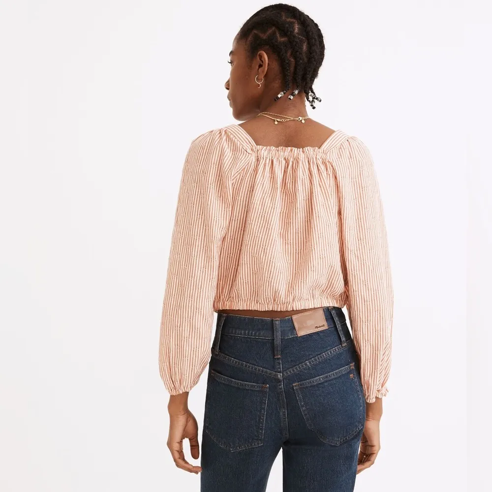 Madewell Puff-Sleeve Button-Front Crop Top in Embroidered Stripe XS - Image 2