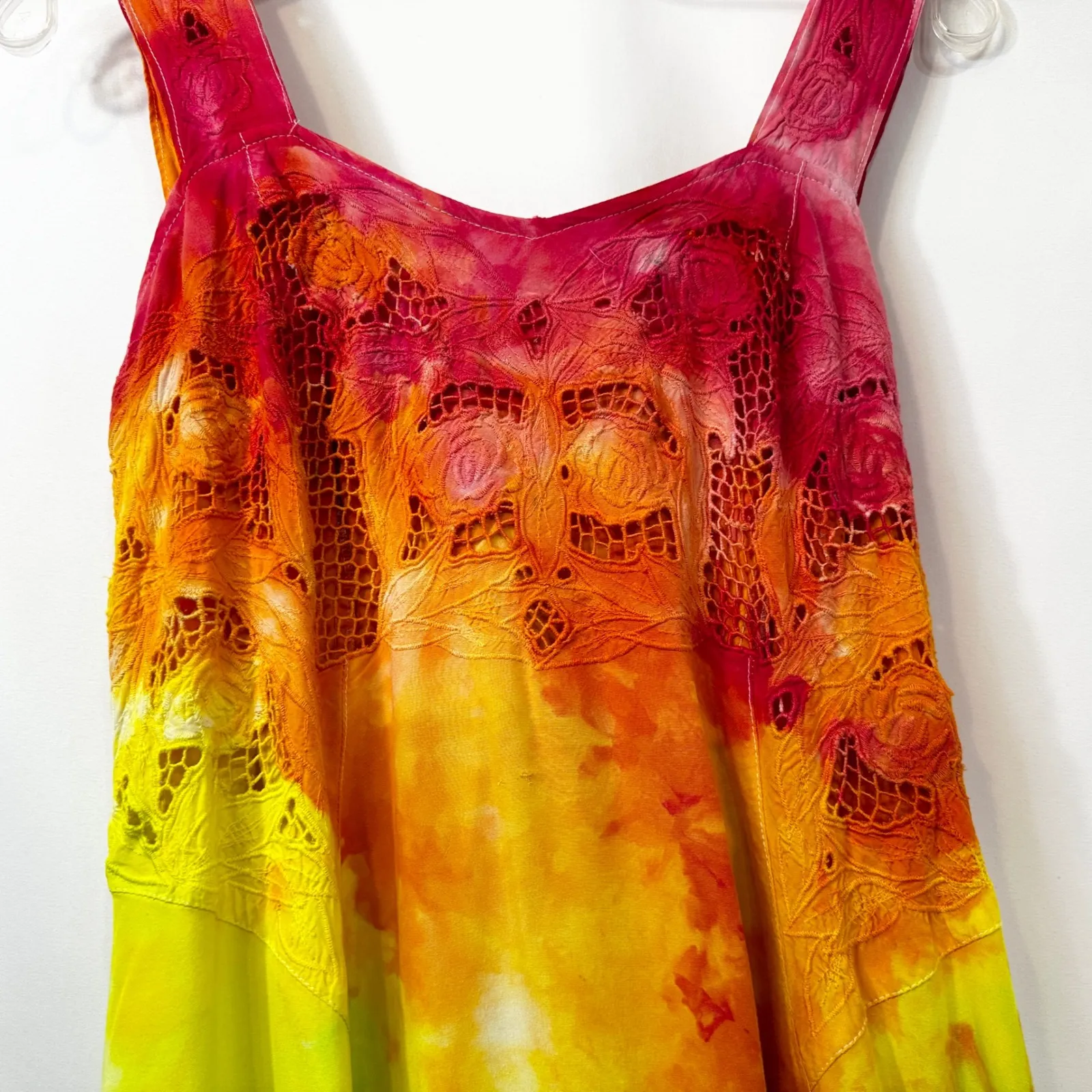 Tie Dye Medium Maxi Dress Handmade Rainbow Eyelet Hem Sleeveless Vacation 1760 Pink - Image 6