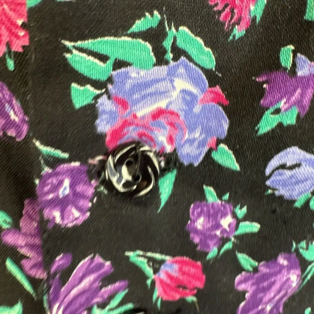 Vintage Lanz Womens Midi Dress 14 Black Floral Open Bow Back Pockets Made in USA - Image 8