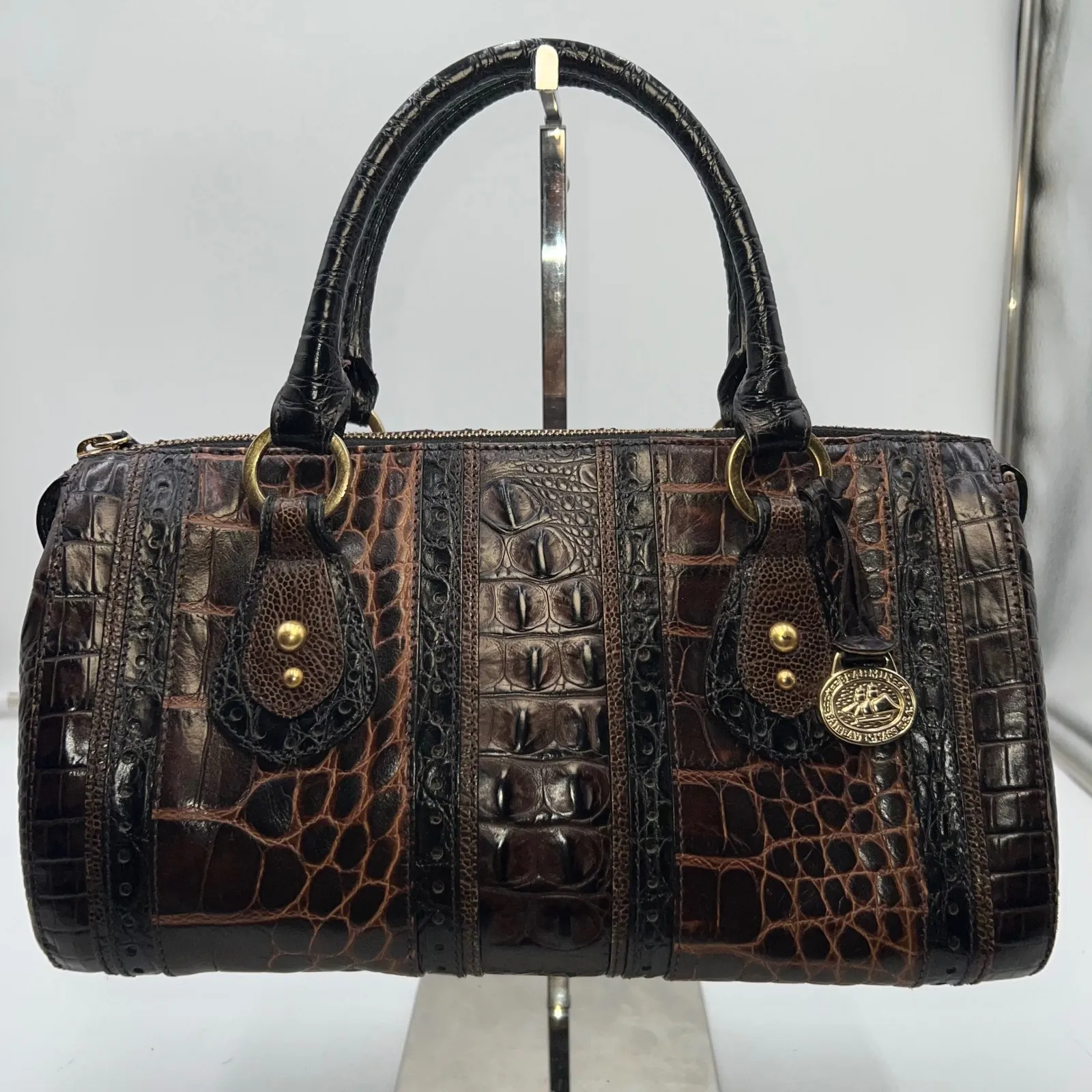 Brahmin Croc Embossed Satchel Handbag Brown Black Gold Accents - Image 7