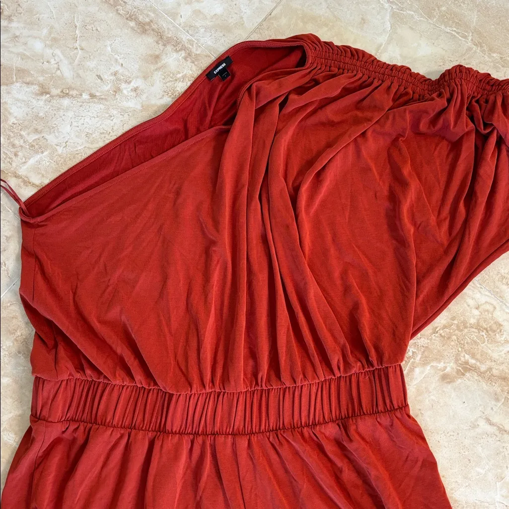 Express Cinnibar Ruched Wide Leg Elegant One-Shoulder jumpsuit fall event - Image 4