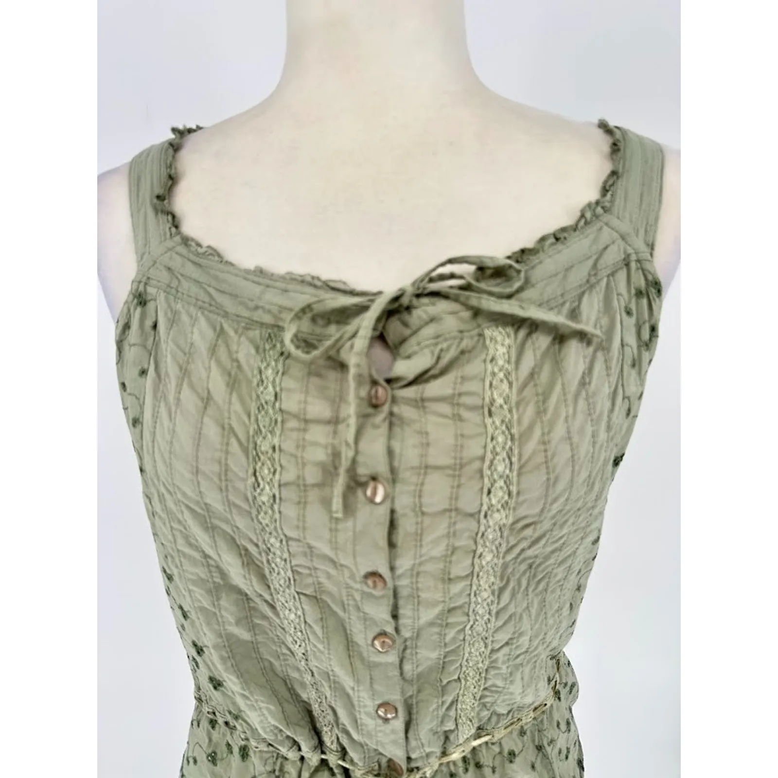 Aeropostale Green Eyelet Lace Button Front Tank Y2K Top Blouse Tie Waist M Boho - Image 2