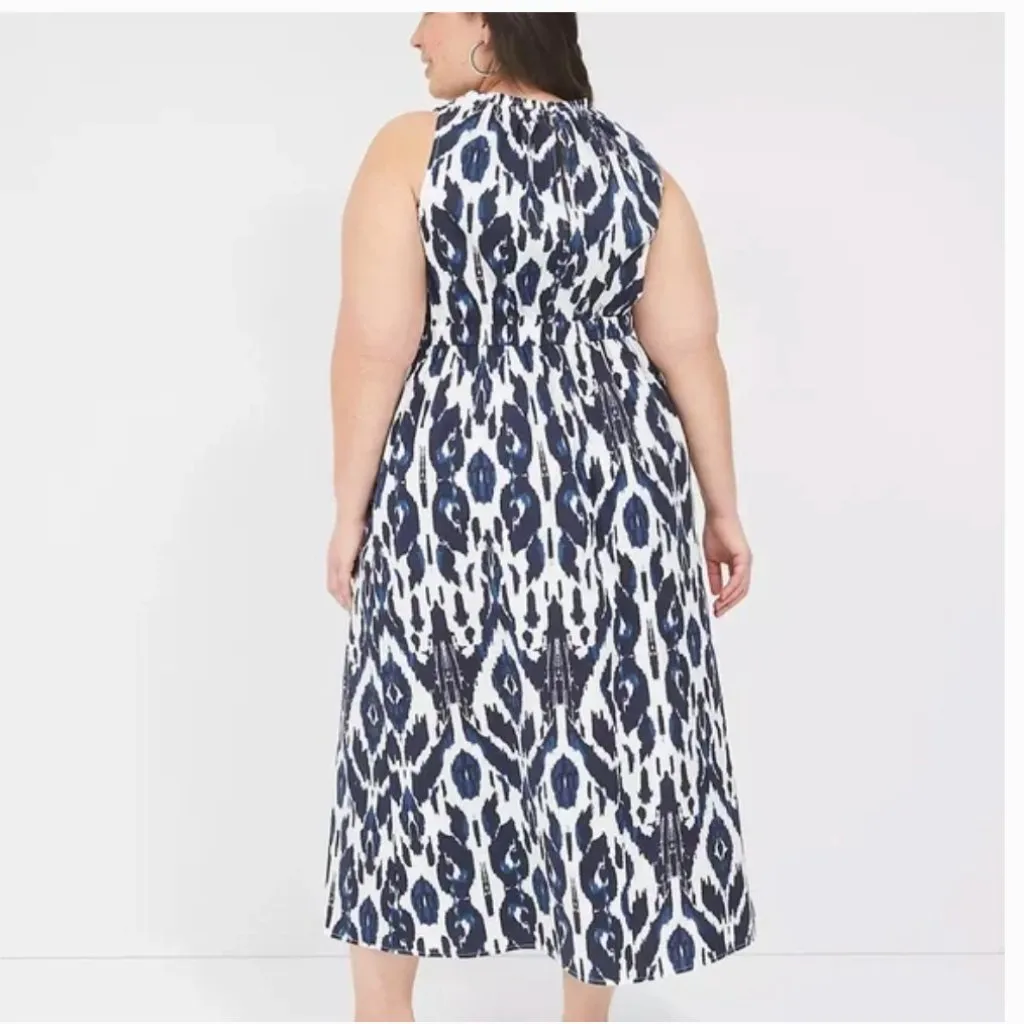 Lane Bryant Elastic-Neck Tie-Waist Midi Dress White Navy 16 - Image 2