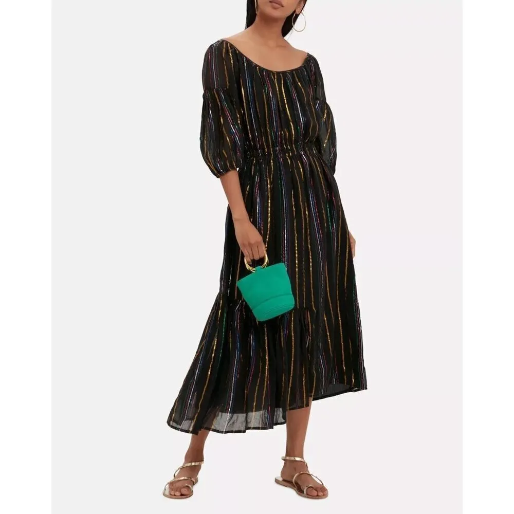 Apiece Apart Dress Women 4 Black Metallic‎ Rainbow Stripe Camellia Midi Party - Image 3