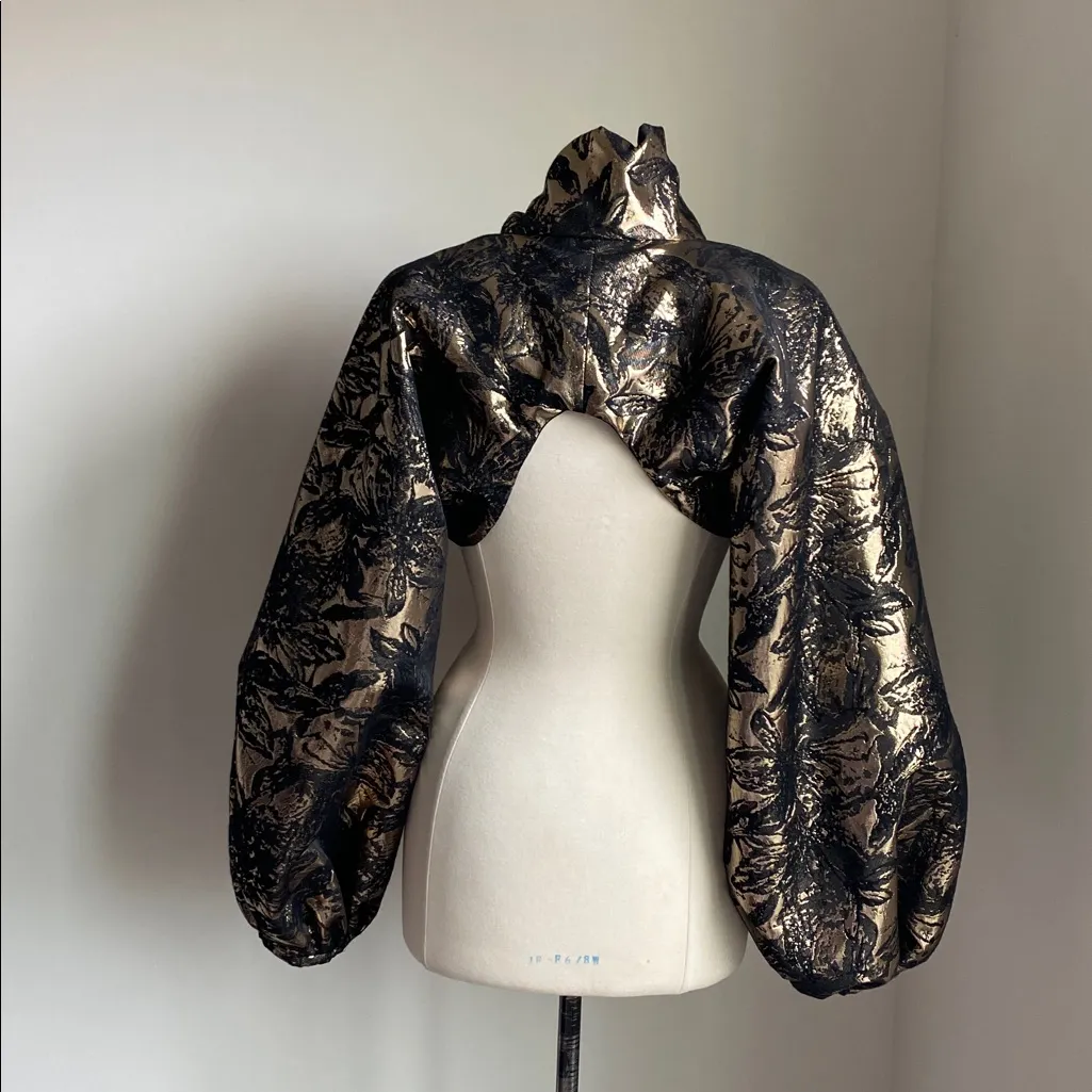 Custom Metallic Black and Gold Puff Sleeve Bolero Womens Sz Medium Tie Neck - Image 5