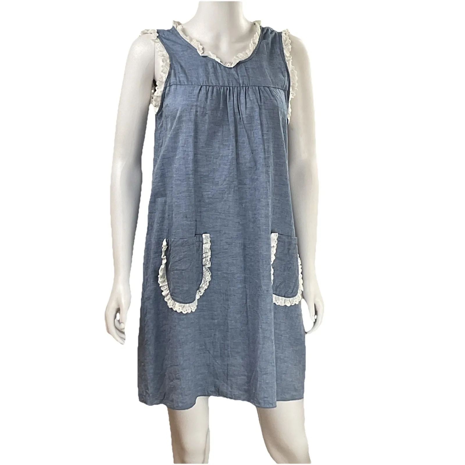 Tuckernuck Chambray Lotte Blue Dress Lace Trim S pockets cottagecore cover-up - Image 3