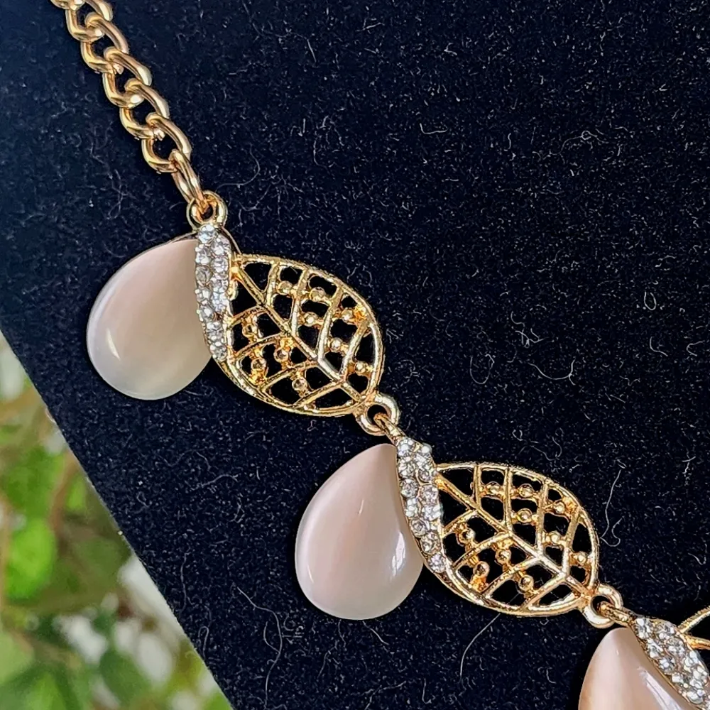 Gold and Teardrop Moonstone Necklace and Matching Earrings Set - Image 2