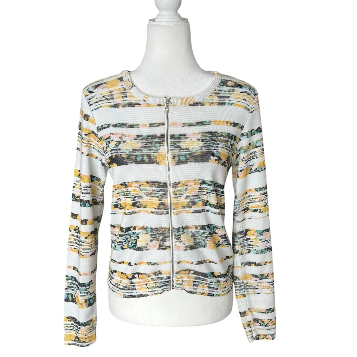 Moth Anthropologie Yellow Floral Striped Sweater Women's Size S/P Front Zip Knit White - Image 2