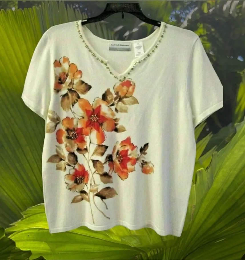 Alfred Dunner Plus size 2X Womens Cream Pullover Sweater Short Sleeve Floral - Image 1