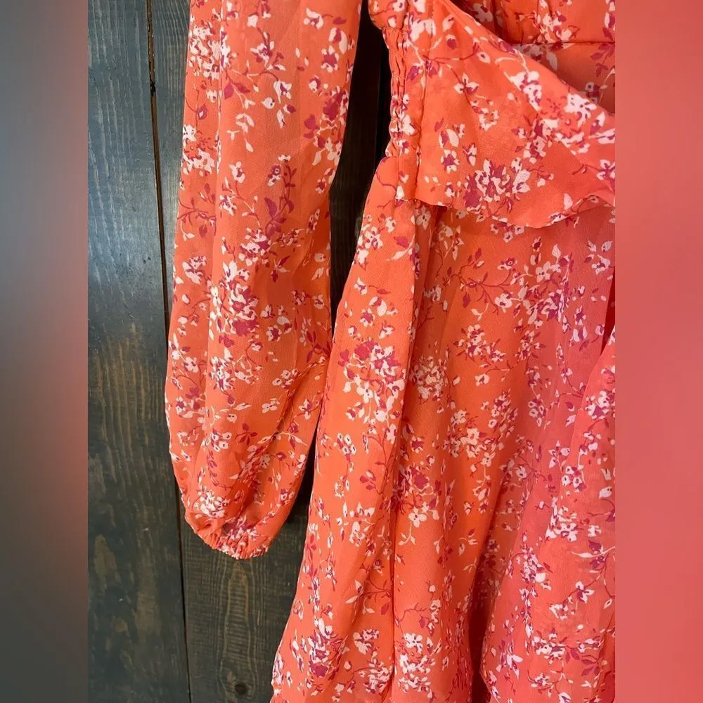Coral Floral Long Sleeve Wrap Dress‎ with Ruffle Hem Romantic Spring Style E27 - Image 5