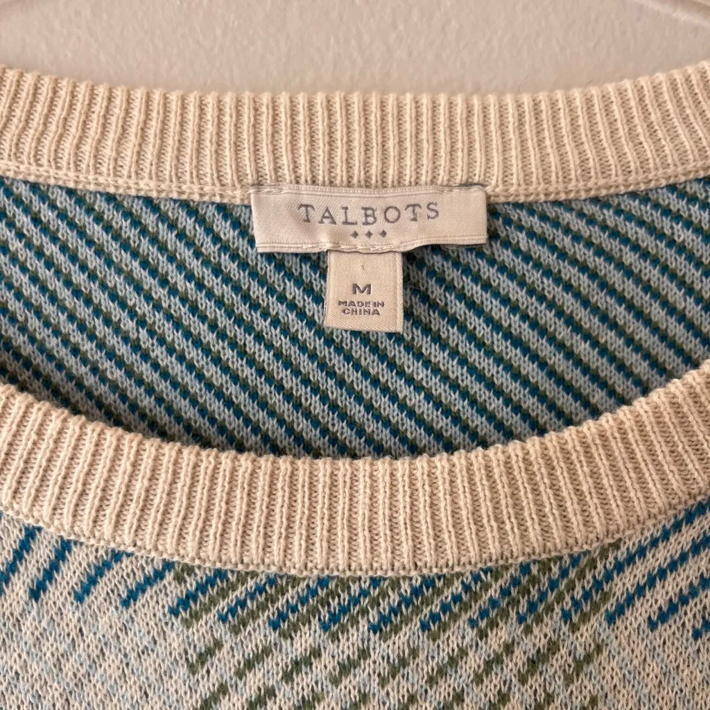 Talbots Sz M Crew Neck‎ Sweatshirt Pullover Stretch Plaid Beige Blueish Retro - Image 2
