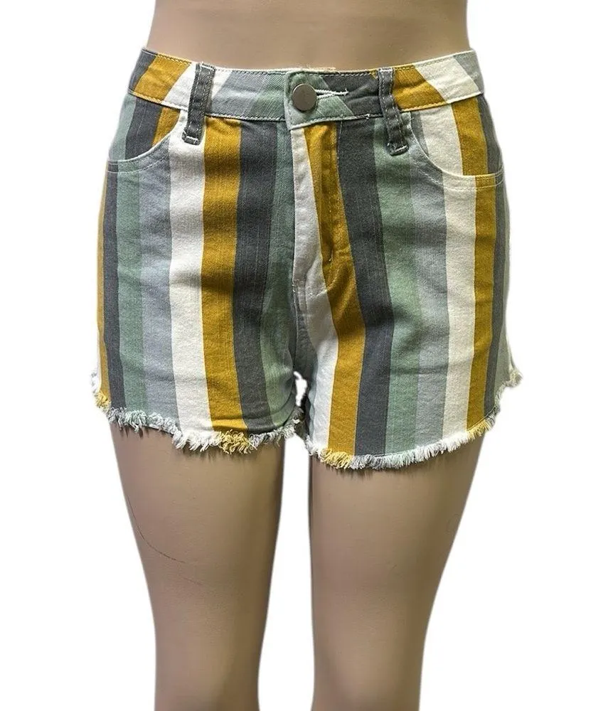 Saints & Hearts Vertical Striped High Waist Raw Hem 4 Pocket Jean Shorts Medium Gold - Image 4
