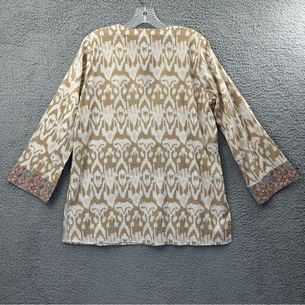 Bella Tu Long Sleeve Tunic Top V Neck‎ Beige Cotton Beaded Sequin Boho Women's L Tan Size L - Image 4