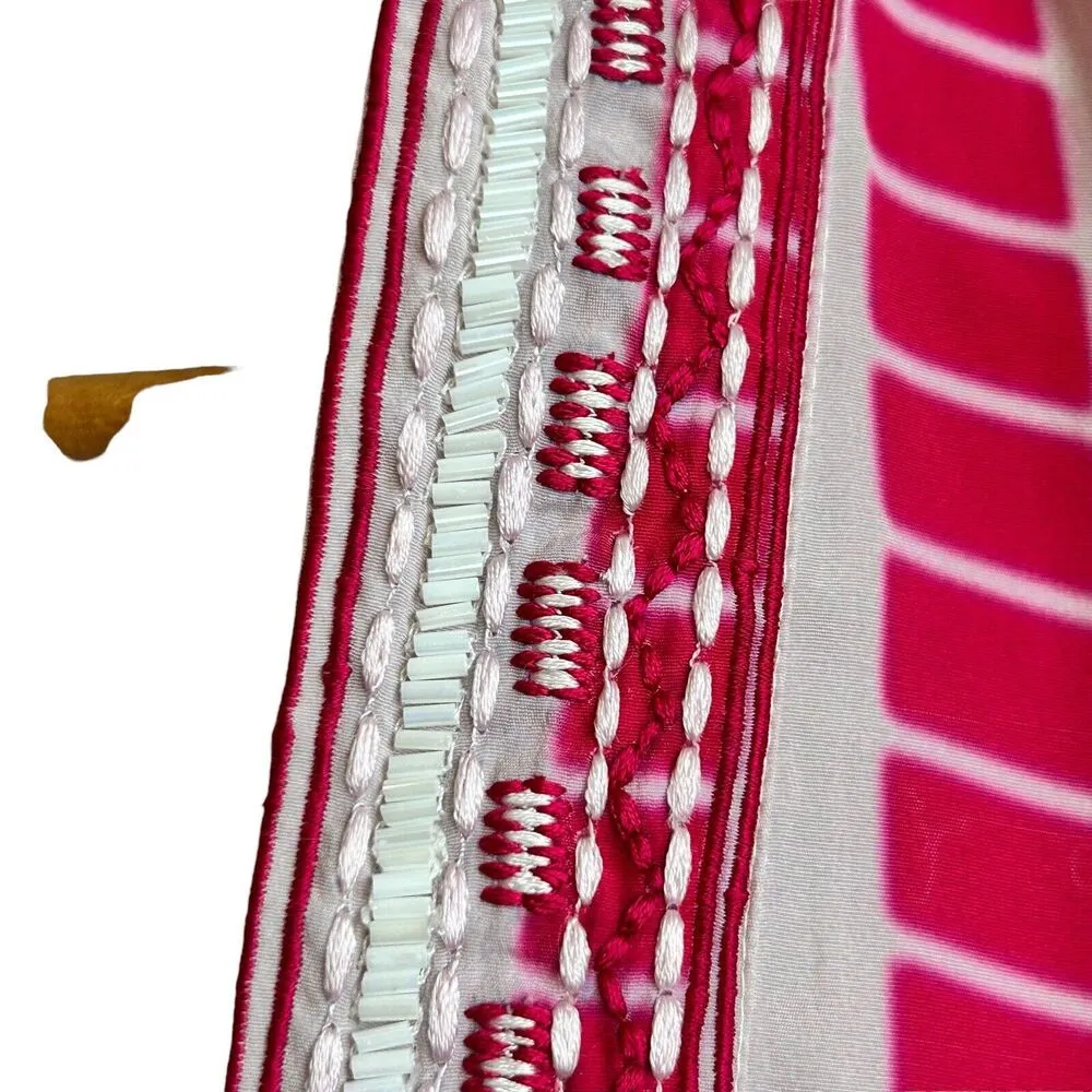 Hemant & Nandita Tunic Swim Coverup Pin White Long Sleeve Embroidered Bohemian Pink - Image 5