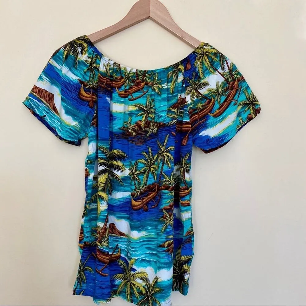 Vintage Bishop St. blouse women's M Hawaiian palm tree ocean tropical aloha top Blue Size M - Image 3