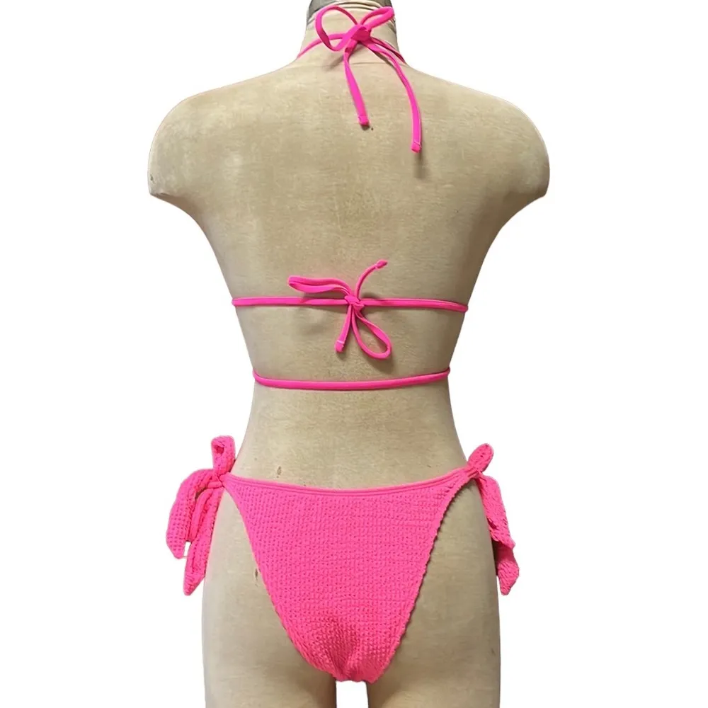 Hot Pink Bikini 2pc Swimsuit Gold Chain Charms Seersucker S Small - Image 3