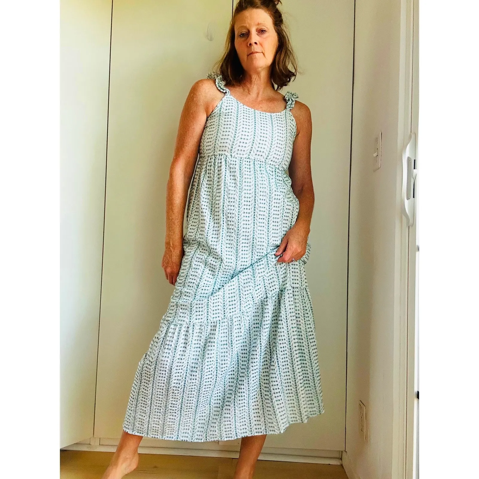 Women's Boho Eyelet Maxi Dress White/Green Ruffle bottom Sundress Bohemian Sz Sm - Image 10