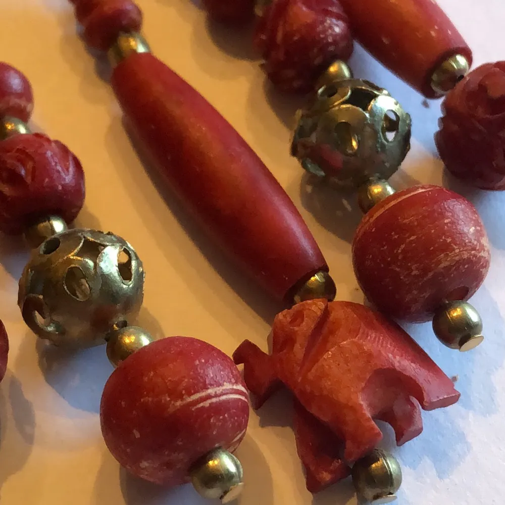 HUGE Vintage Brass & Red Carved Wooden Elephant Beads Beaded Boho Earrings - Image 5