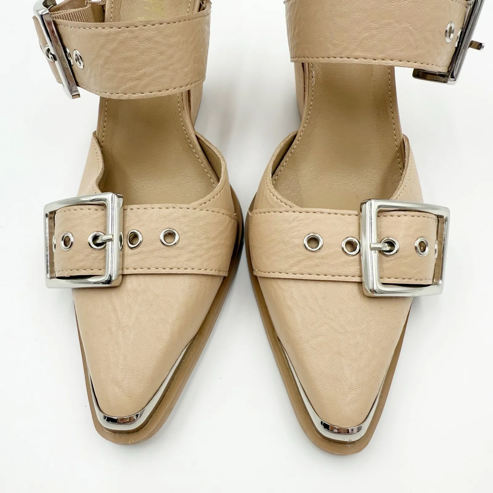 Mi.iM Proving My Point Heels Beige Pointed Steel Toe Block Heel Buckle Size 7 Tan - Image 8