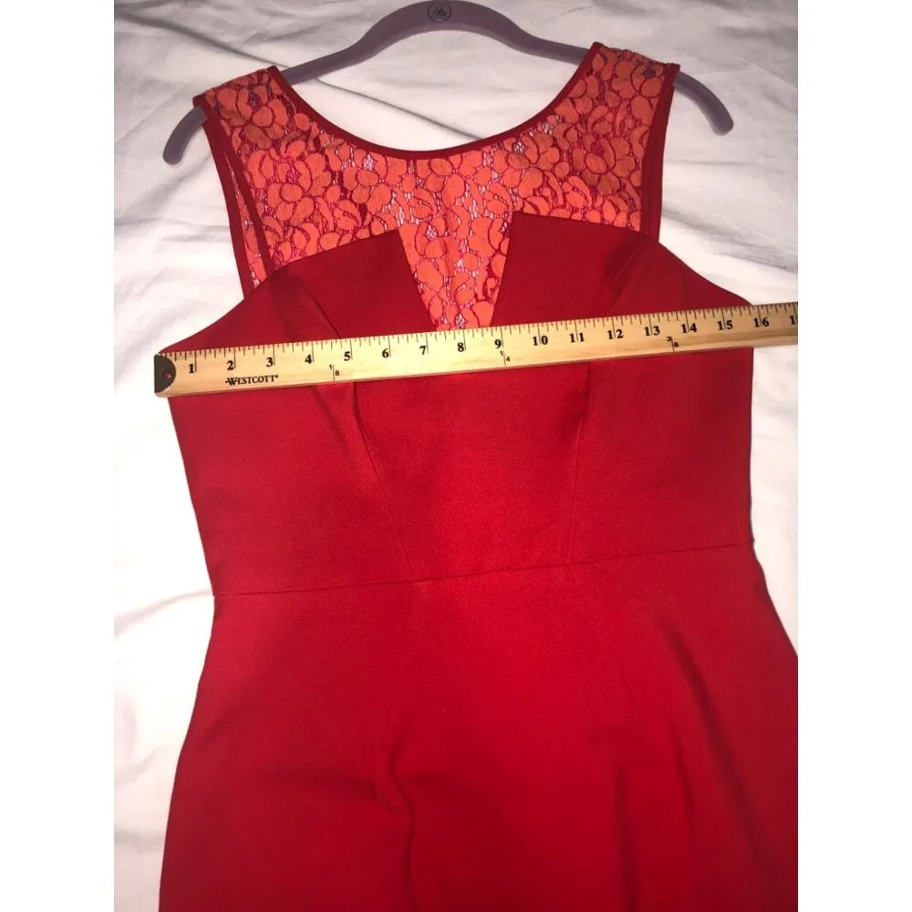 Black Halo Red Dress Size 4 Lace Sleeveless Midi Pencil Stretch Made USA LA - Image 4