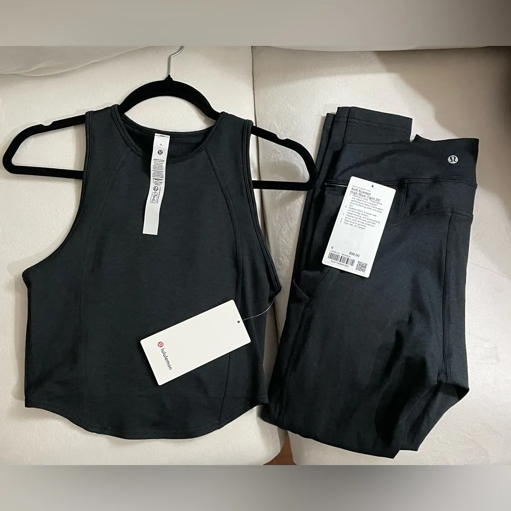 NWT Lululemon Suede SET Tank Top & Leggings Heather Black Size 6 Retails $158 - Image 2
