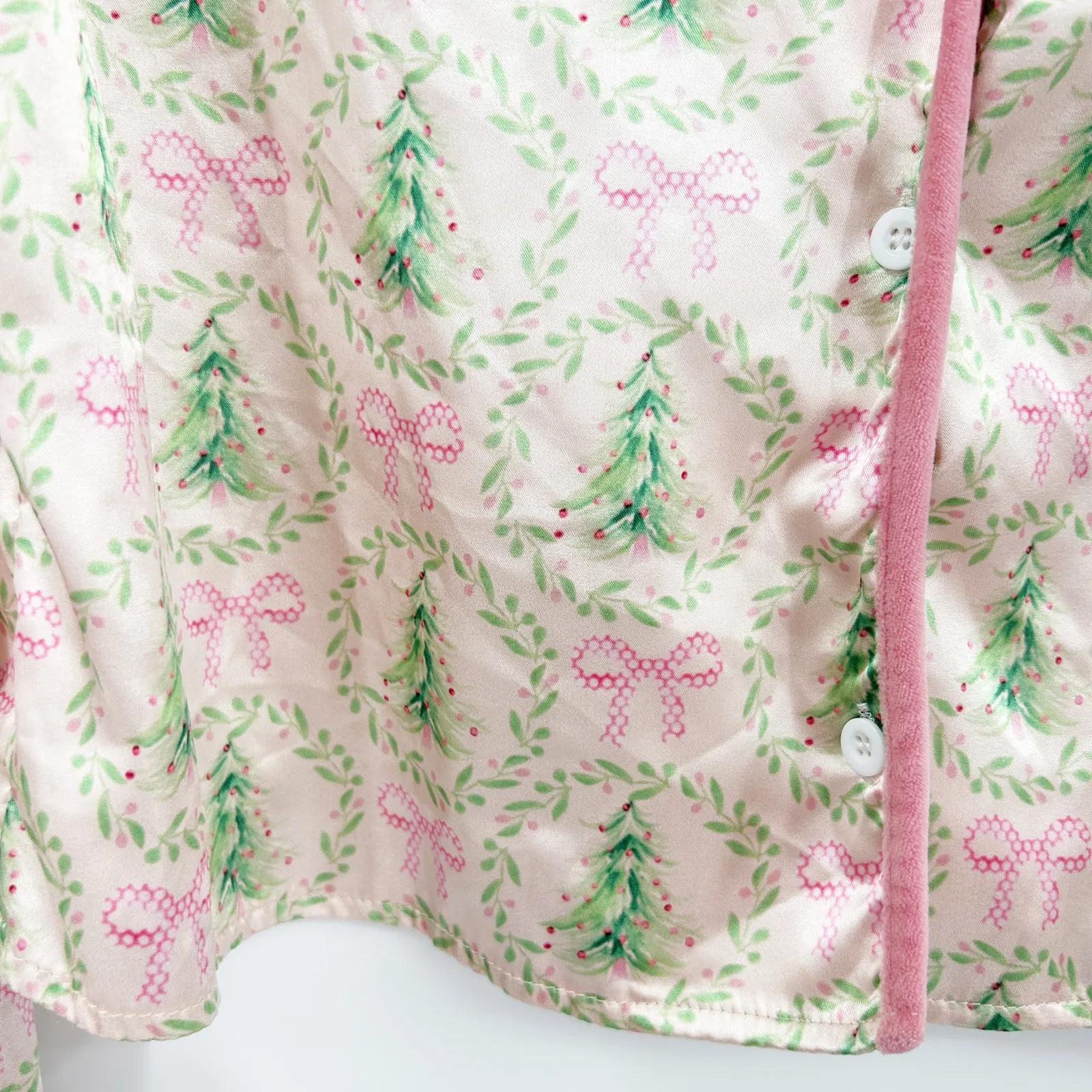Womens Christmas Holiday Satin Christmas Tree Bow Tie Sleeve Pajama Top Size M Pink Size M - Image 4
