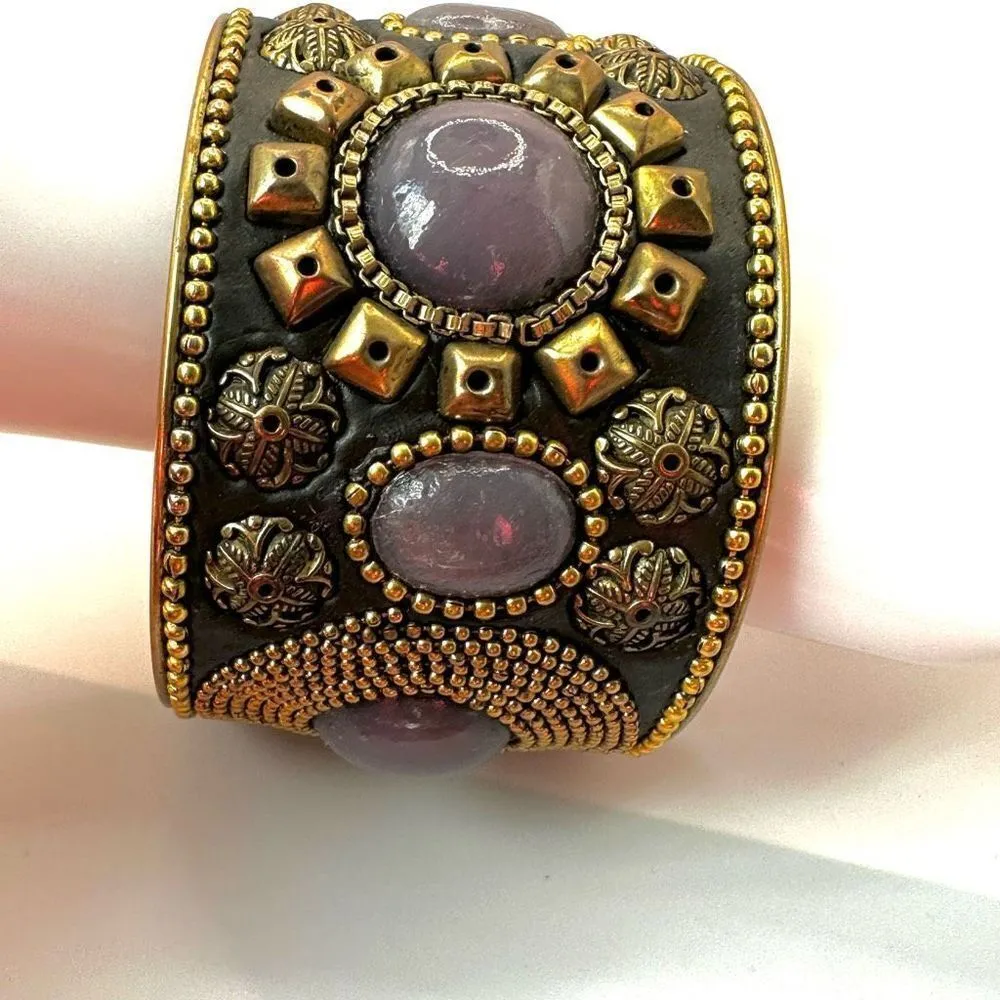 Brass and purple beaded wide bangle bracelet - Image 8