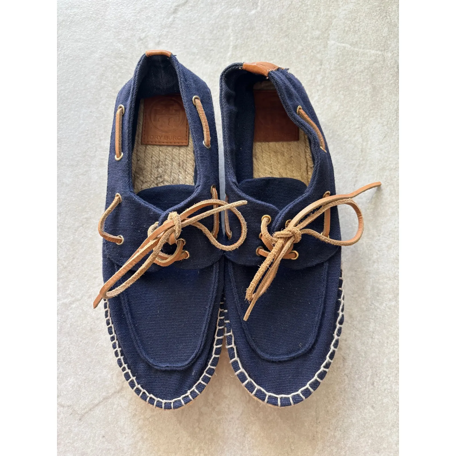 Tory Burch Blanton Espadrille Womens 9 Blue Tan Jute Resort Travel Vacation Boat - Image 3