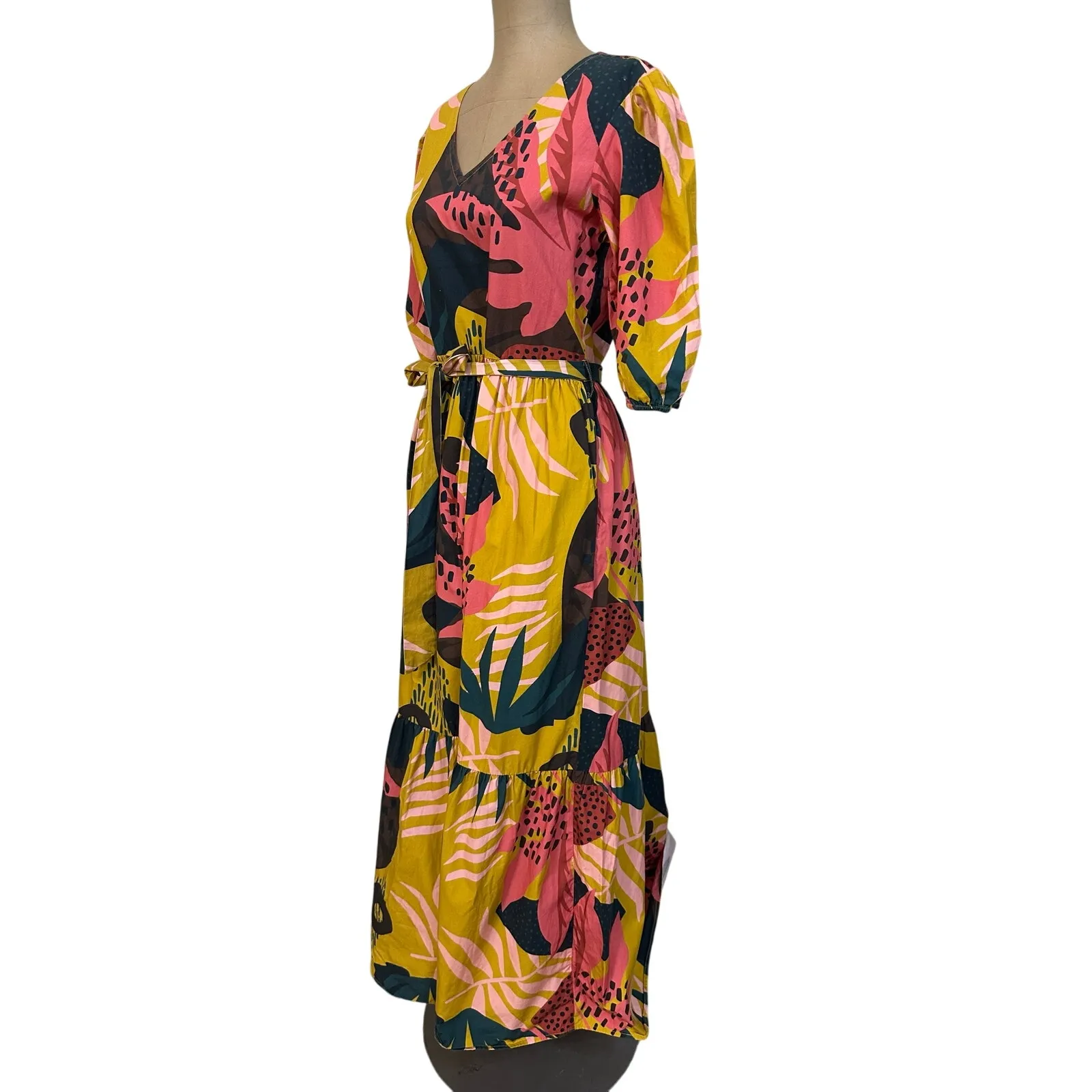 Maude Vivante Maxi Dress Molly 100% Cotton Yellow Floral V-neck Tiered Skirt XS - Image 6