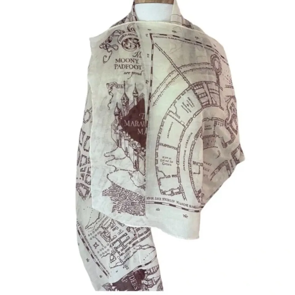 Wizarding World Harry Potter Marauders' Map Print Scarf Hogwarts Challis Fabric Red - Image 7